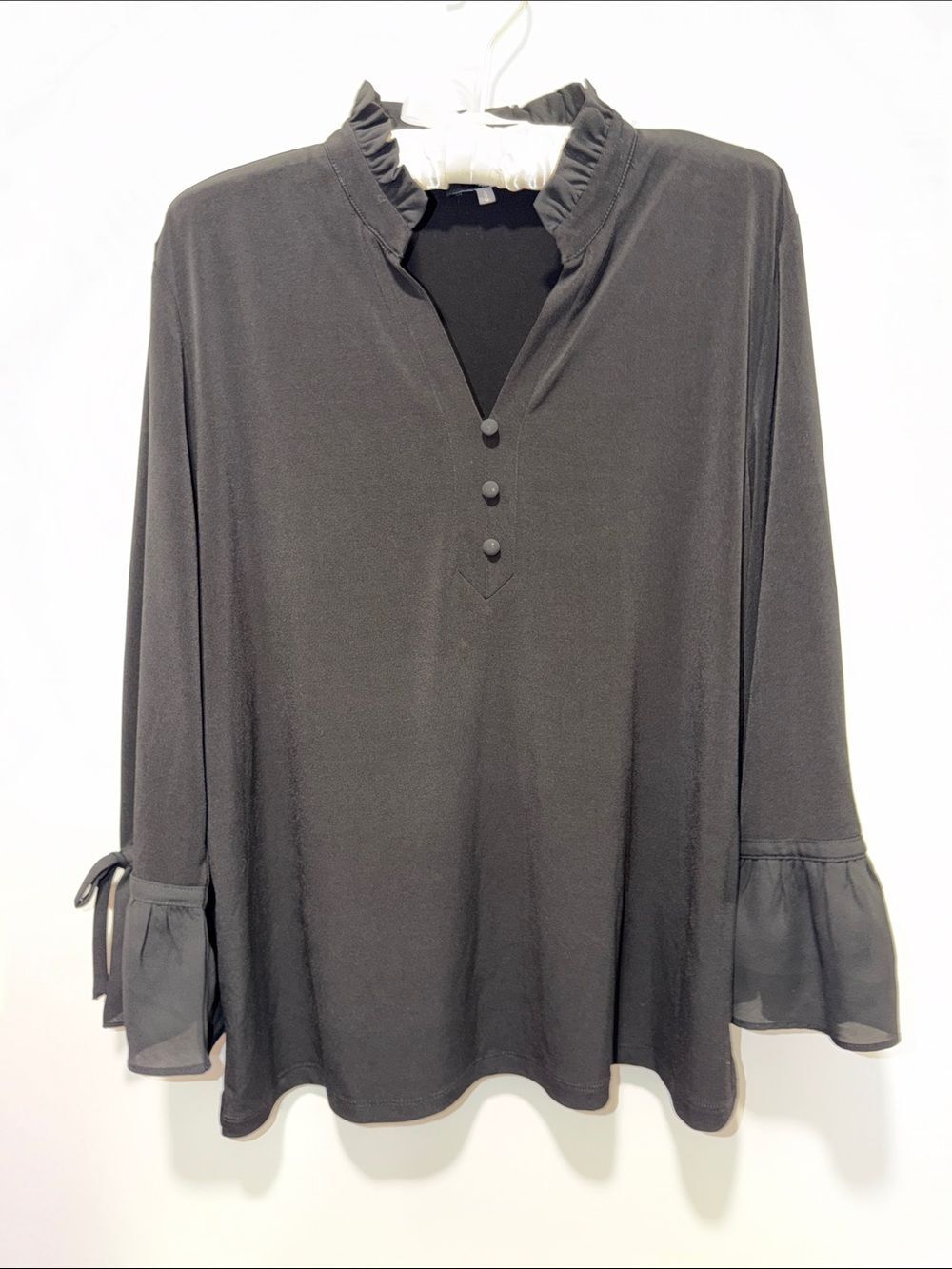 KL L Black Elegant Jersey Ruffle Neck Front Keyhole Bell Sleeve Top